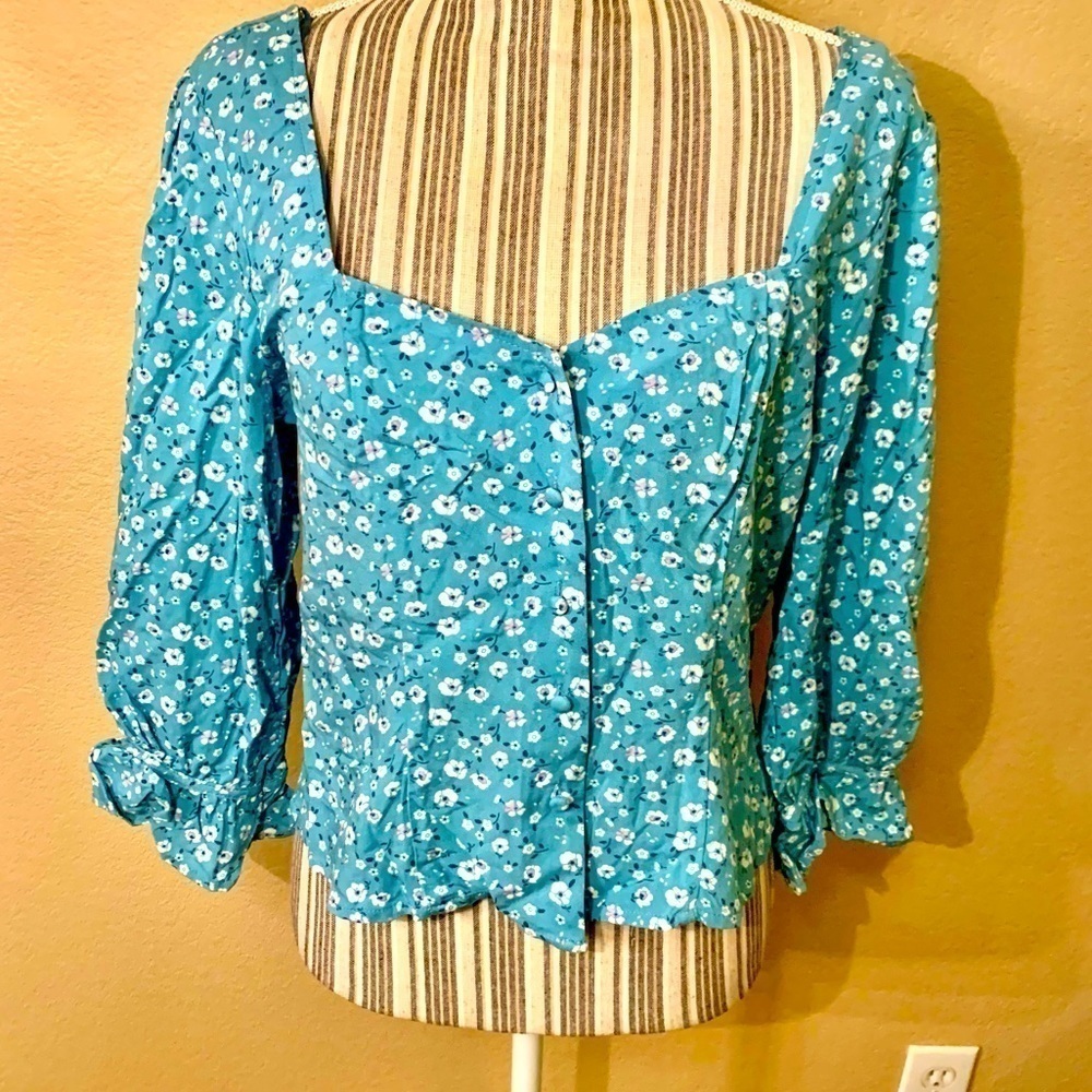 NWT Blouse Large ROW A Cropped Peasant Teal Seafoam White Floral 3/4 Slvs NEW